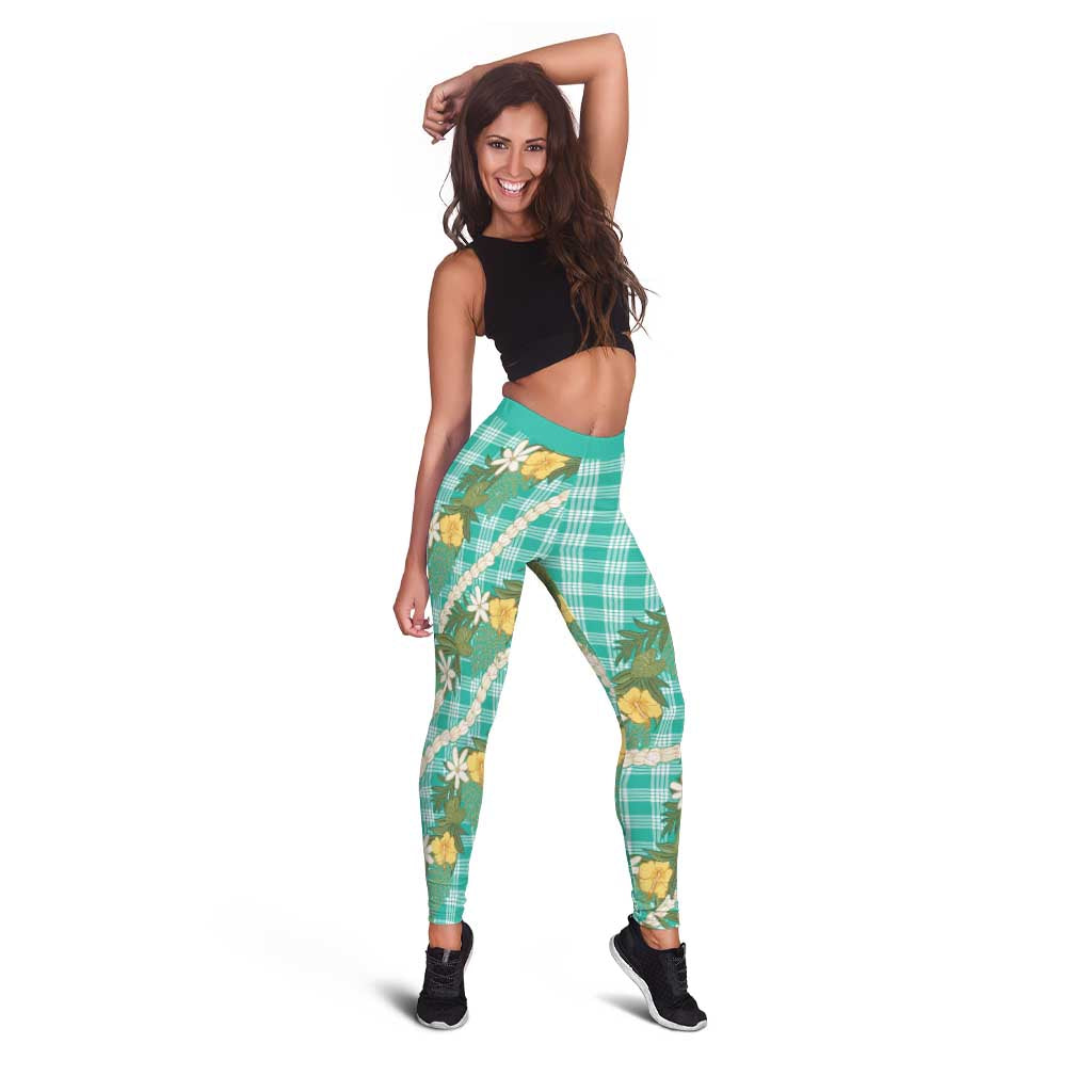 Aloha Puakenikeni Anthurium Pikake Lei Leggings Marine Hawaiian Palaka Pattern LT9 - Polynesian Pride
