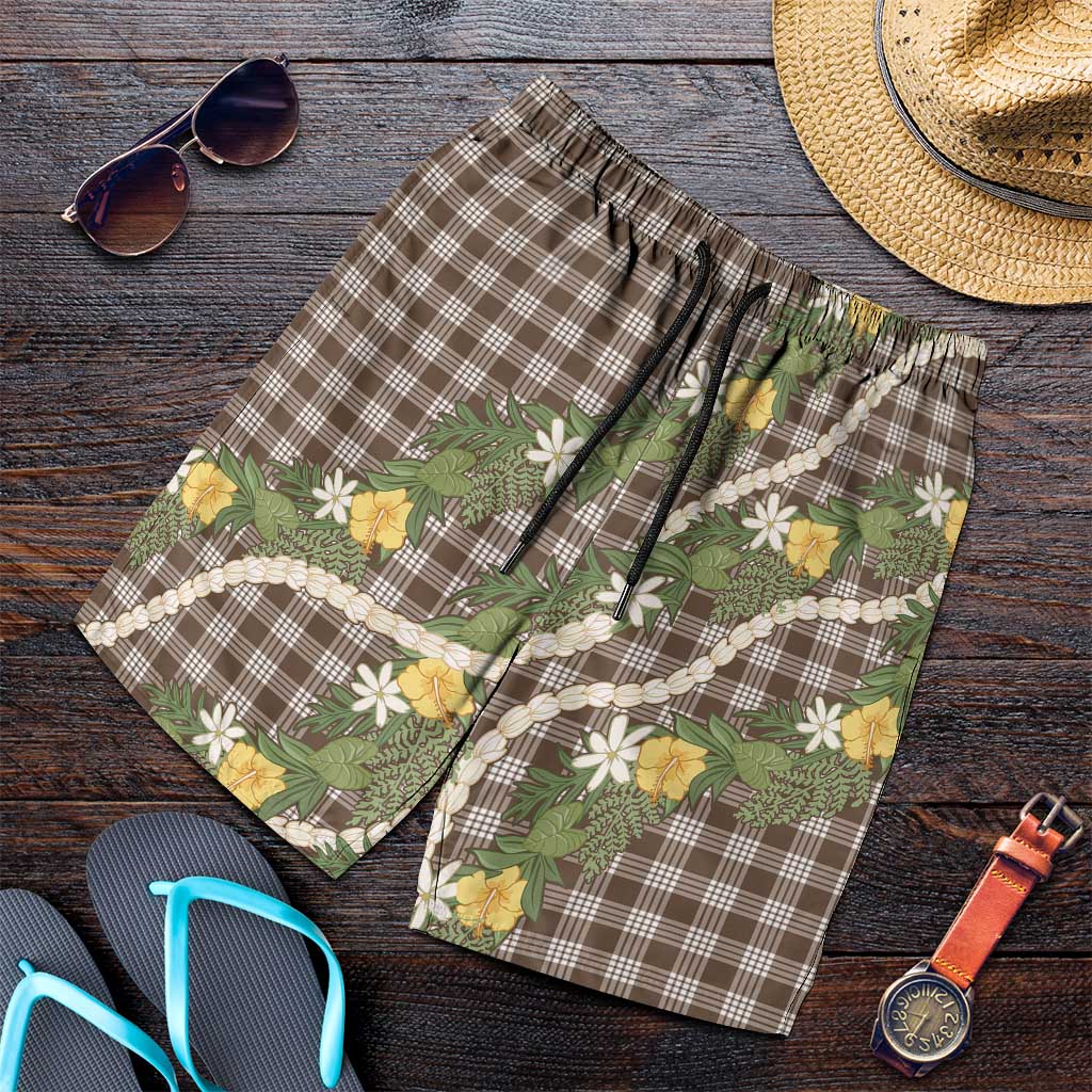 Aloha Puakenikeni Anthurium Pikake Lei Shorts for Men Chocolate Hawaiian Palaka Pattern LT9 Chocolate - Polynesian Pride