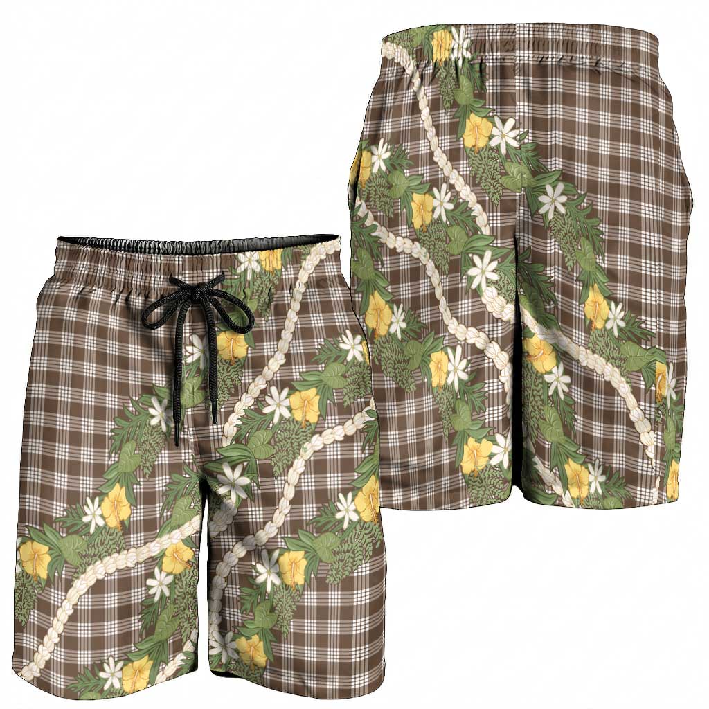 Aloha Puakenikeni Anthurium Pikake Lei Shorts for Men Chocolate Hawaiian Palaka Pattern LT9 - Polynesian Pride
