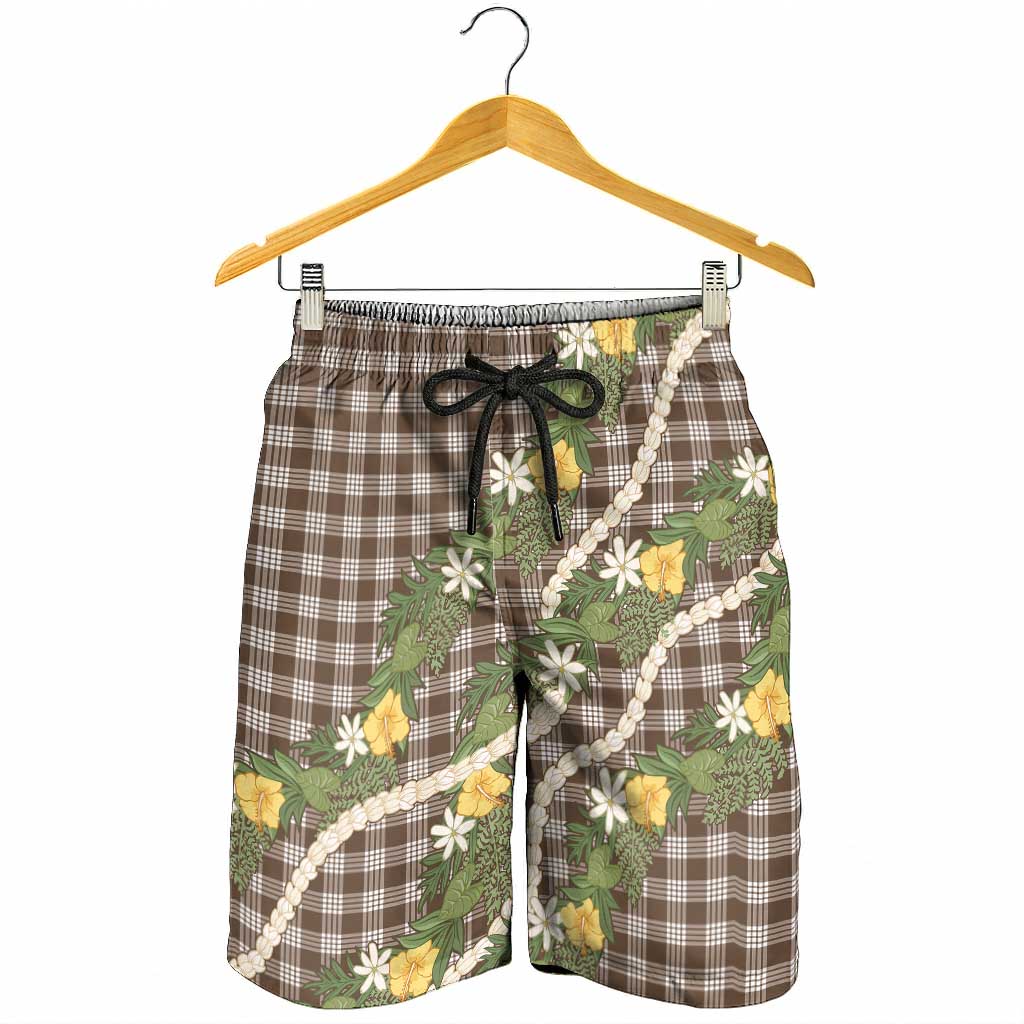 Aloha Puakenikeni Anthurium Pikake Lei Shorts for Men Chocolate Hawaiian Palaka Pattern LT9 - Polynesian Pride