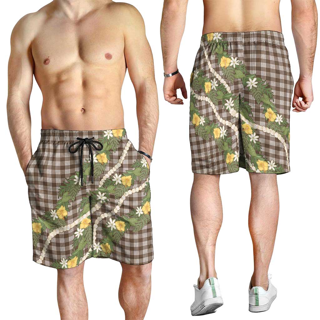Aloha Puakenikeni Anthurium Pikake Lei Shorts for Men Chocolate Hawaiian Palaka Pattern LT9 - Polynesian Pride