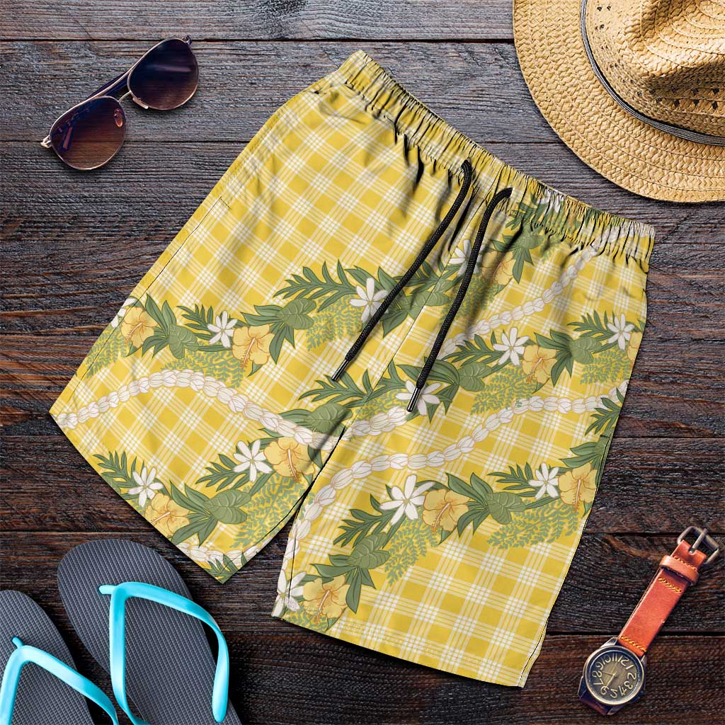Aloha Puakenikeni Anthurium Pikake Lei Shorts for Men Gold Hawaiian Palaka Pattern