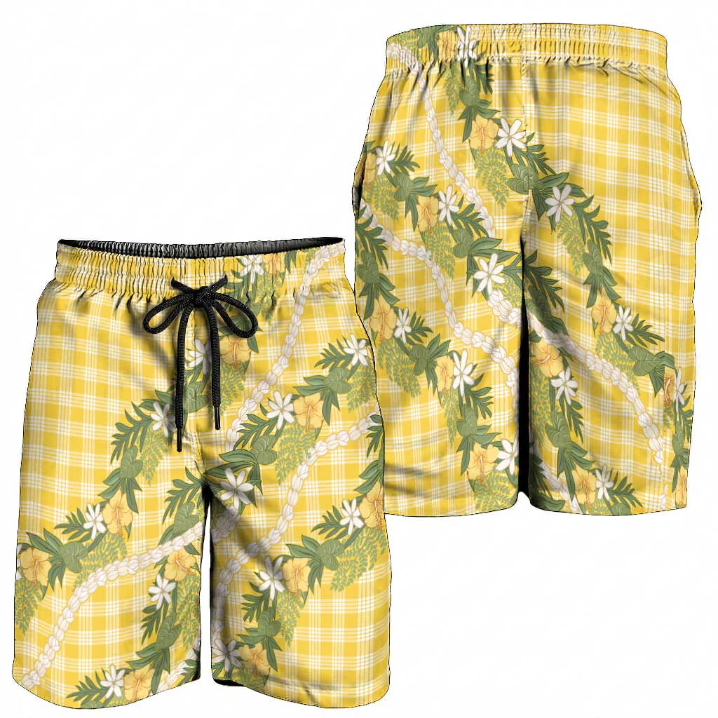 Aloha Puakenikeni Anthurium Pikake Lei Shorts for Men Gold Hawaiian Palaka Pattern