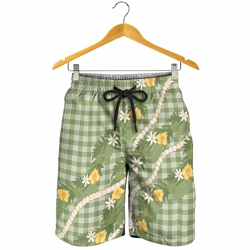 Aloha Puakenikeni Anthurium Pikake Lei Shorts for Men Green Hawaiian Palaka Pattern