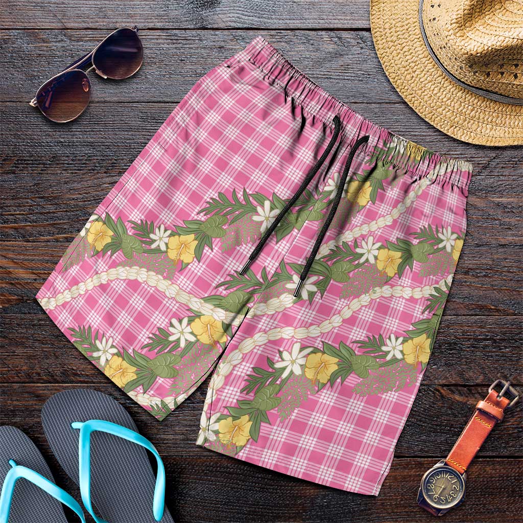 Aloha Puakenikeni Anthurium Pikake Lei Shorts for Men Tropical Pink Hawaiian Palaka Pattern