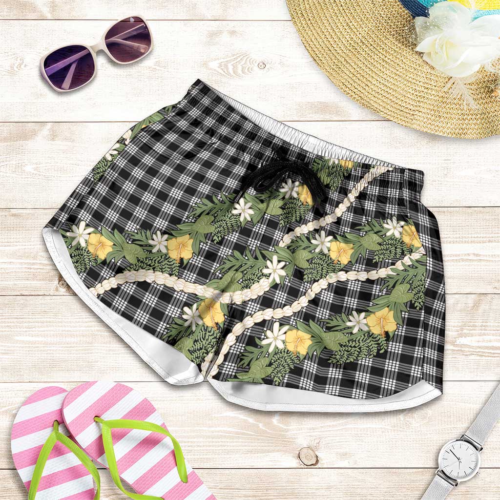 Aloha Puakenikeni Anthurium Pikake Lei Shorts for Women Black Hawaiian Palaka Pattern LT9 Black - Polynesian Pride
