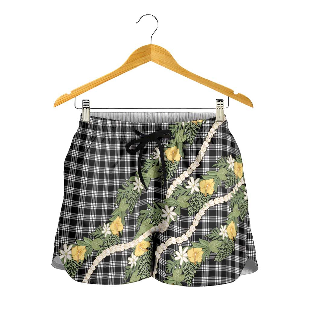 Aloha Puakenikeni Anthurium Pikake Lei Shorts for Women Black Hawaiian Palaka Pattern