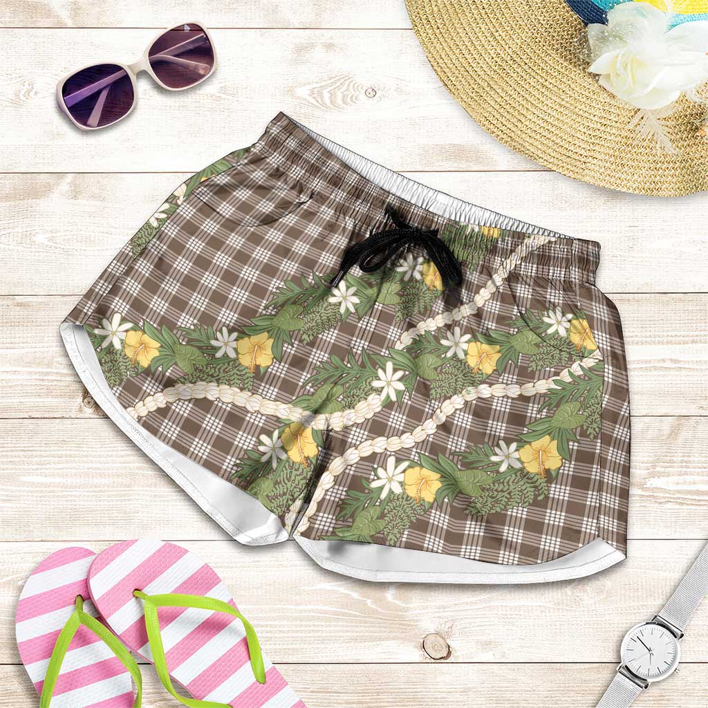 Aloha Puakenikeni Anthurium Pikake Lei Shorts for Women Chocolate Hawaiian Palaka Pattern LT9 Chocolate - Polynesian Pride