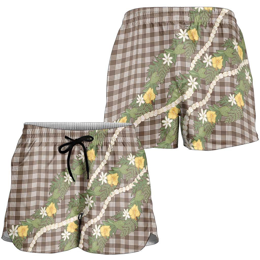 Aloha Puakenikeni Anthurium Pikake Lei Shorts for Women Chocolate Hawaiian Palaka Pattern LT9 - Polynesian Pride