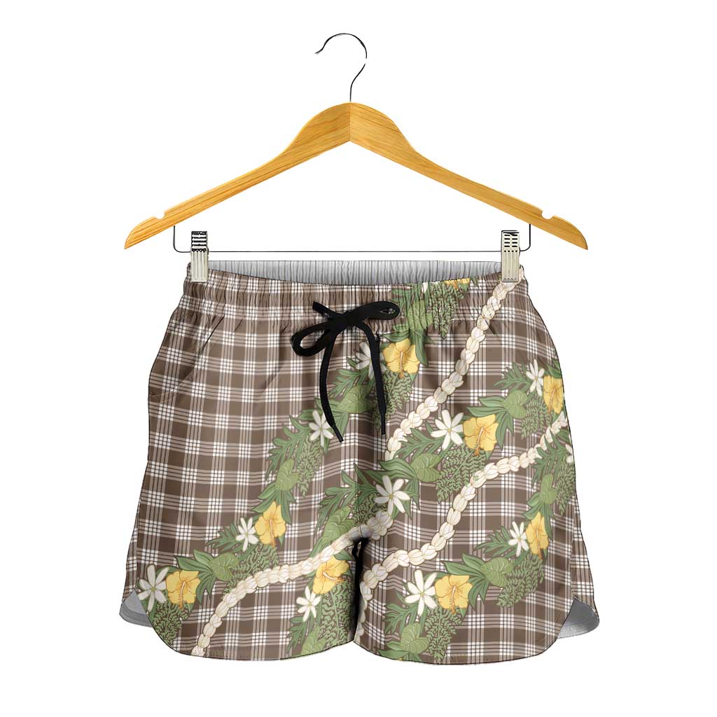 Aloha Puakenikeni Anthurium Pikake Lei Shorts for Women Chocolate Hawaiian Palaka Pattern LT9 - Polynesian Pride