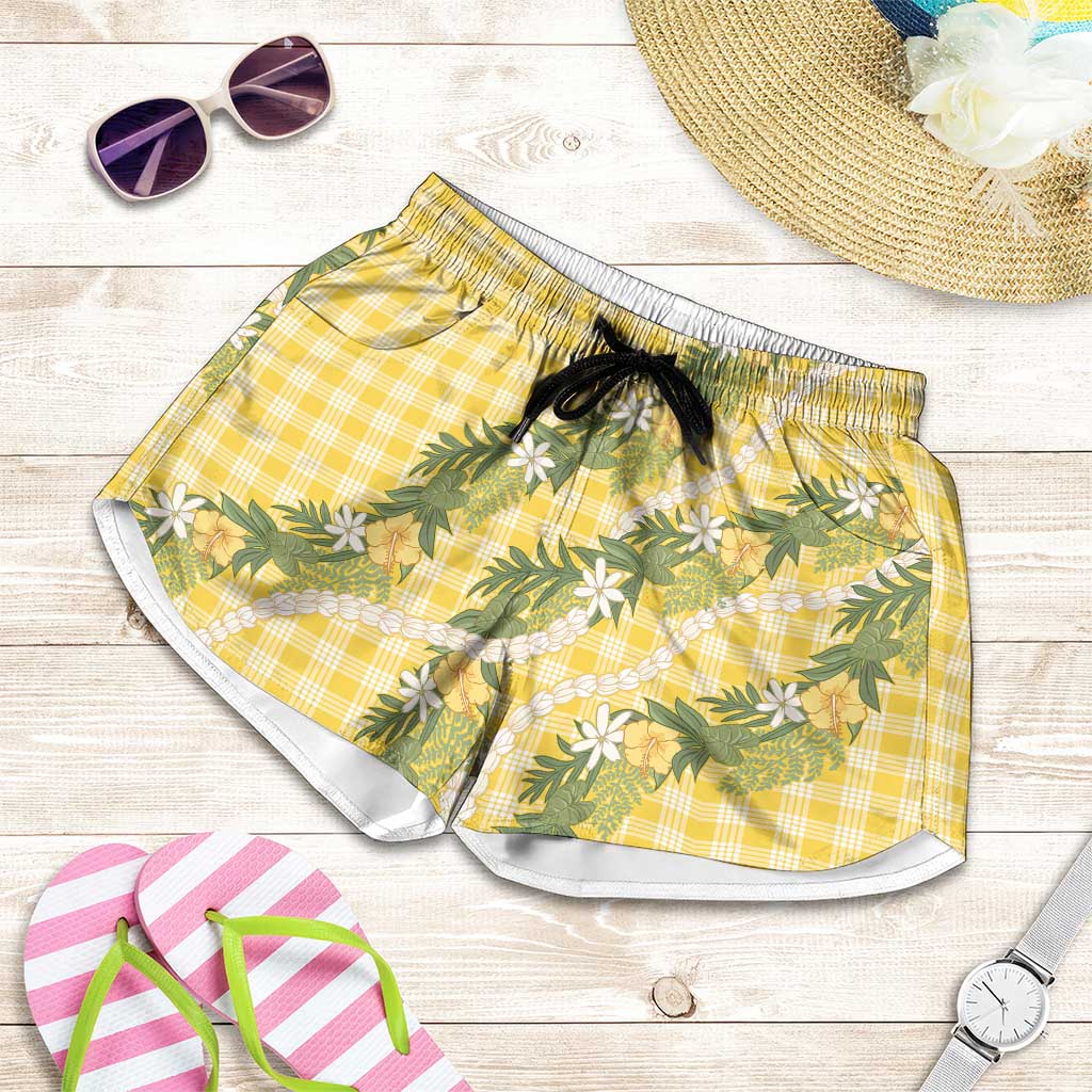 Aloha Puakenikeni Anthurium Pikake Lei Shorts for Women Gold Hawaiian Palaka Pattern LT9 Gold - Polynesian Pride