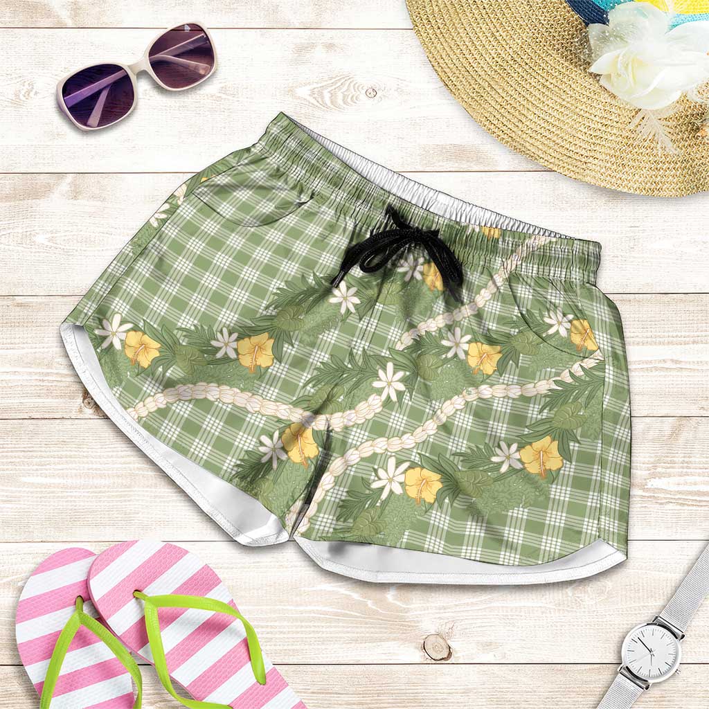 Aloha Puakenikeni Anthurium Pikake Lei Shorts for Women Green Hawaiian Palaka Pattern LT9 Green - Polynesian Pride