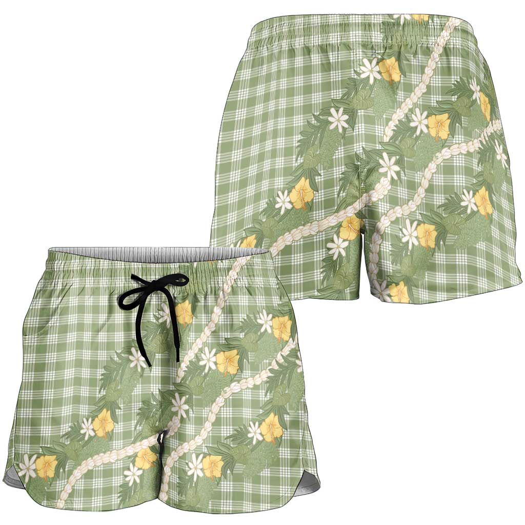 Aloha Puakenikeni Anthurium Pikake Lei Shorts for Women Green Hawaiian Palaka Pattern LT9 - Polynesian Pride