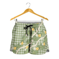 Aloha Puakenikeni Anthurium Pikake Lei Shorts for Women Green Hawaiian Palaka Pattern LT9 - Polynesian Pride