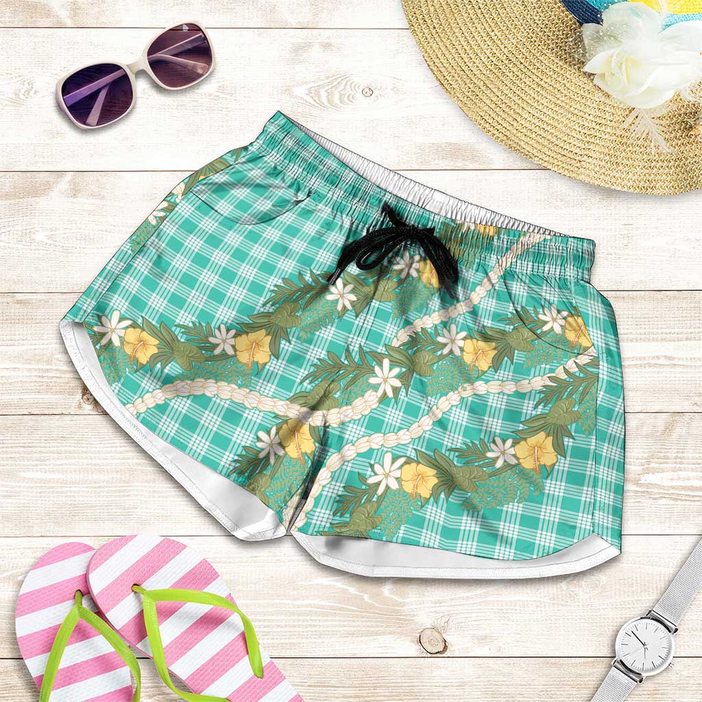 Aloha Puakenikeni Anthurium Pikake Lei Shorts for Women Marine Hawaiian Palaka Pattern LT9 Marine - Polynesian Pride