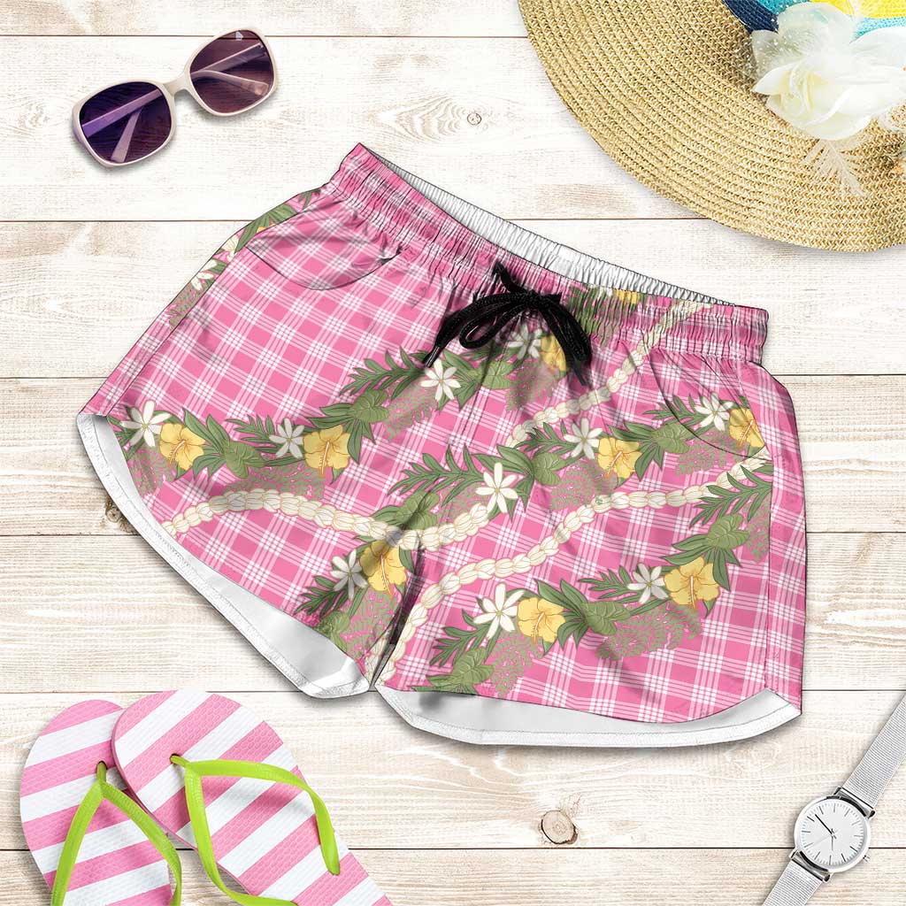 Aloha Puakenikeni Anthurium Pikake Lei Shorts for Women Tropical Pink Hawaiian Palaka Pattern LT9 Pink - Polynesian Pride