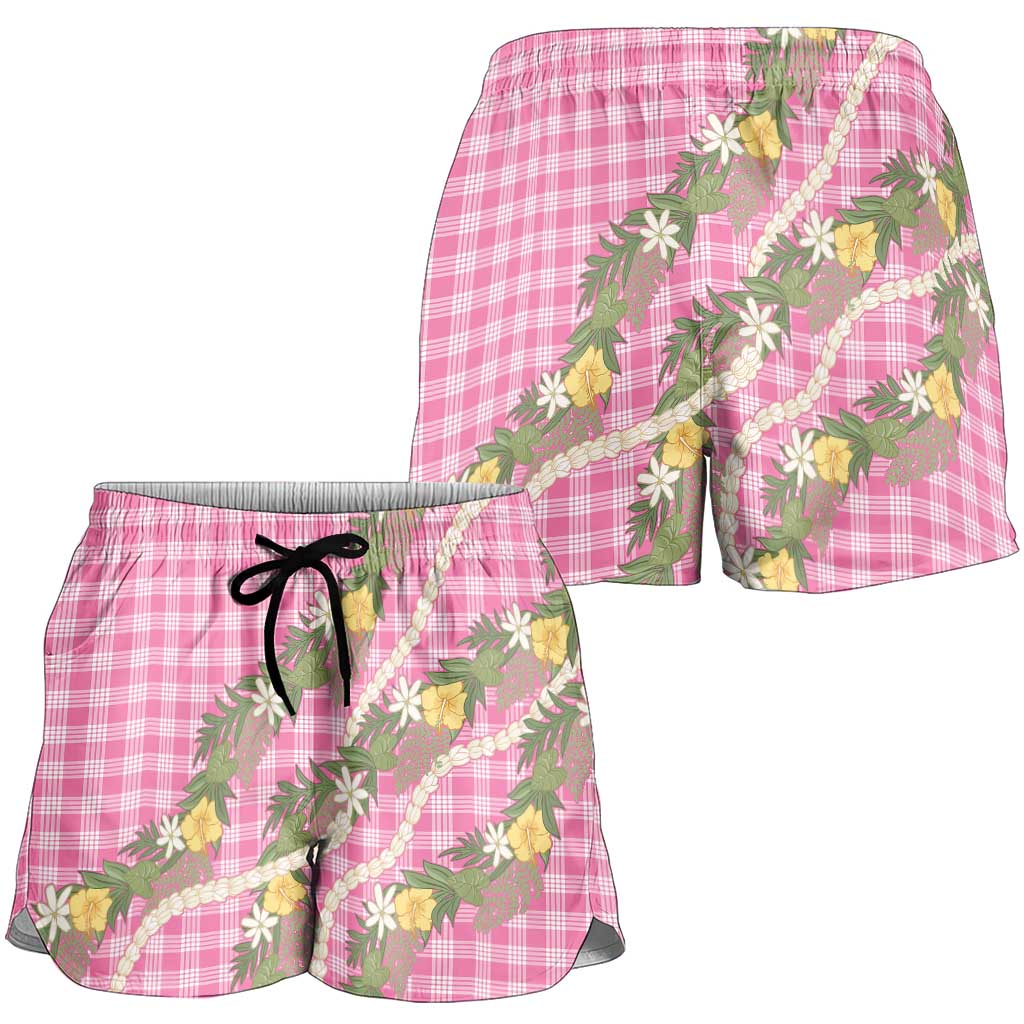 Aloha Puakenikeni Anthurium Pikake Lei Shorts for Women Tropical Pink Hawaiian Palaka Pattern LT9 - Polynesian Pride