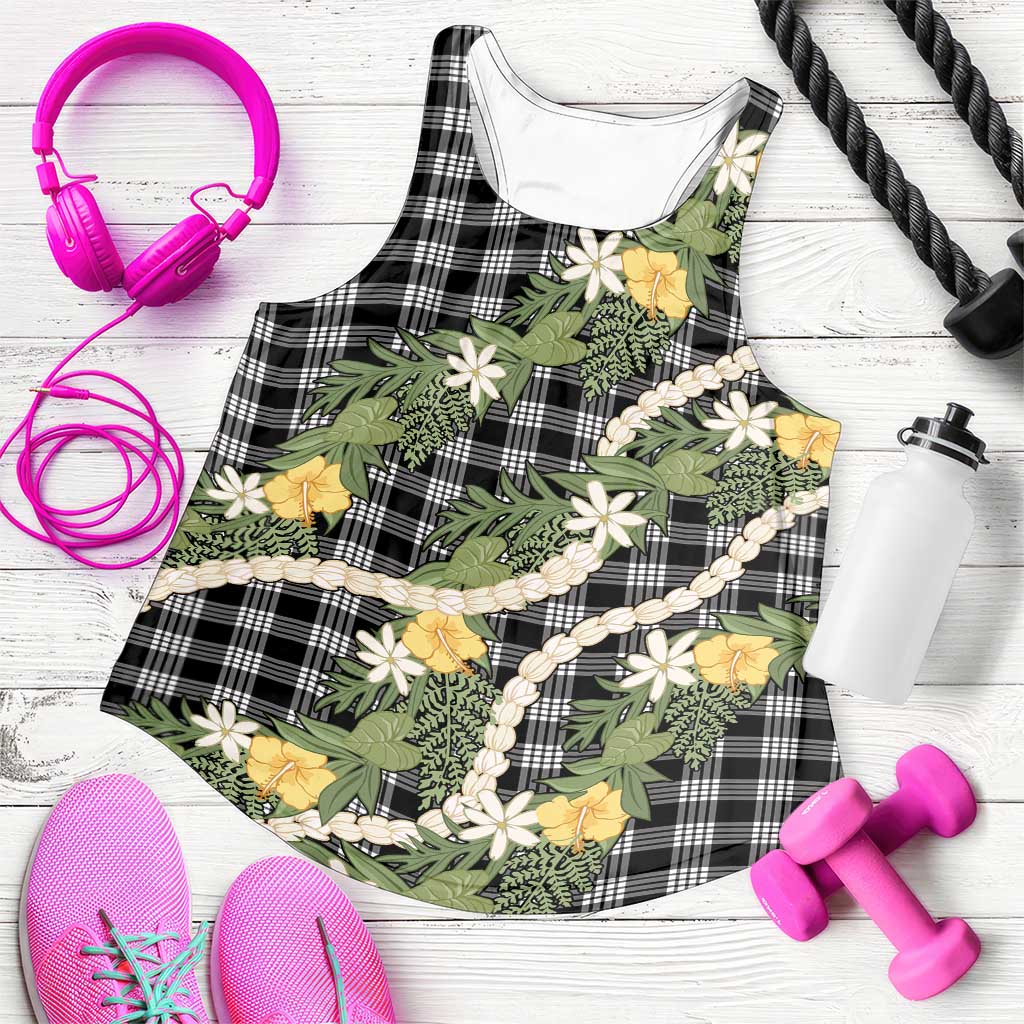 Aloha Puakenikeni Anthurium Pikake Lei Women Racerback Tank Black Hawaiian Palaka Pattern LT9 Black - Polynesian Pride