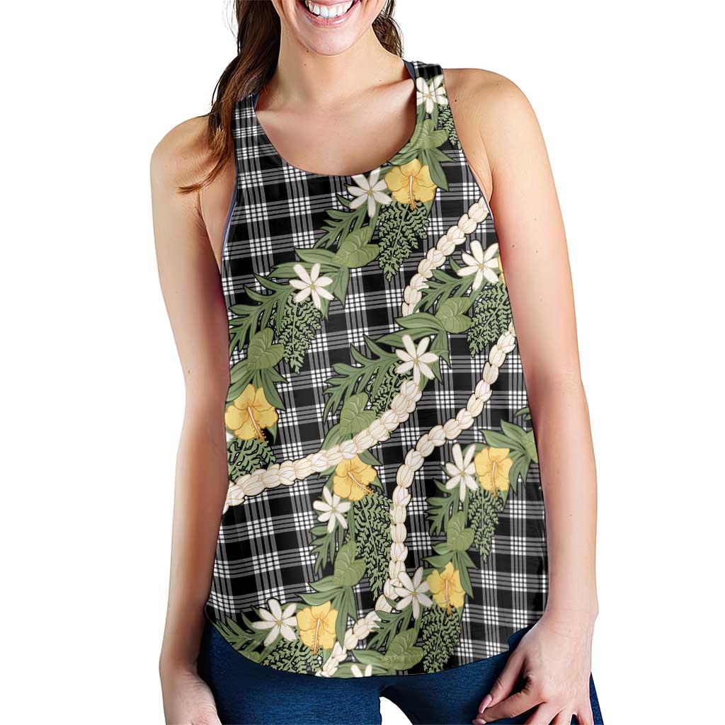 Aloha Puakenikeni Anthurium Pikake Lei Women Racerback Tank Black Hawaiian Palaka Pattern LT9 - Polynesian Pride