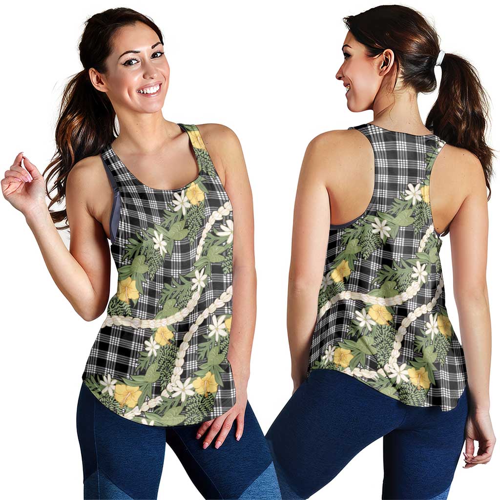 Aloha Puakenikeni Anthurium Pikake Lei Women Racerback Tank Black Hawaiian Palaka Pattern LT9 - Polynesian Pride