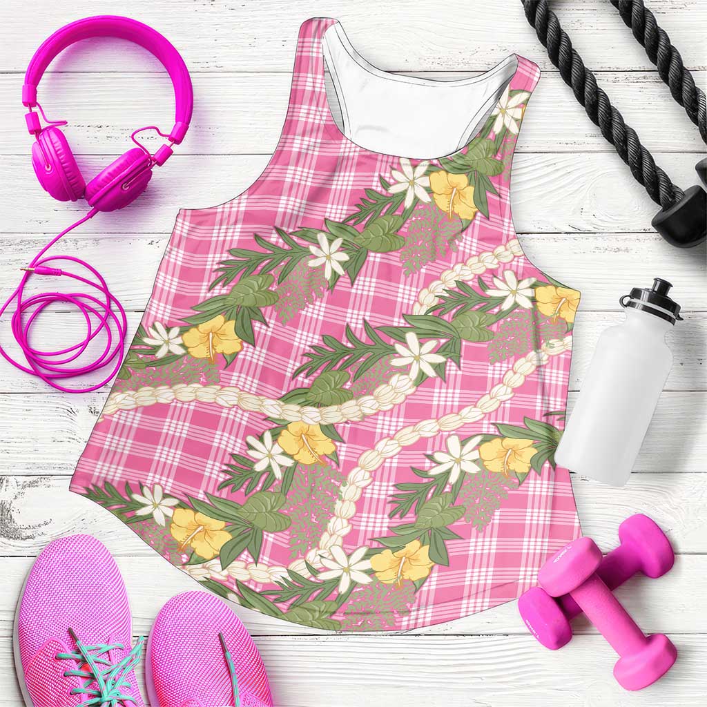 Aloha Puakenikeni Anthurium Pikake Lei Women Racerback Tank Tropical Pink Hawaiian Palaka Pattern