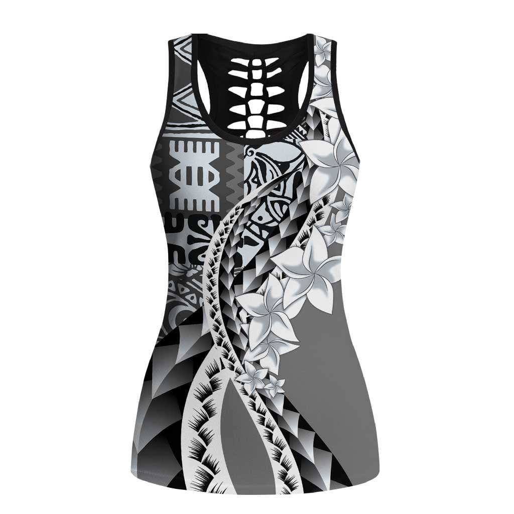 Aloha Vintage Plumeria Hawaiian Tapa Pattern Hollow Tank Top Gray Hawaiian Tapa Pattern LT9 Female Gray - Polynesian Pride