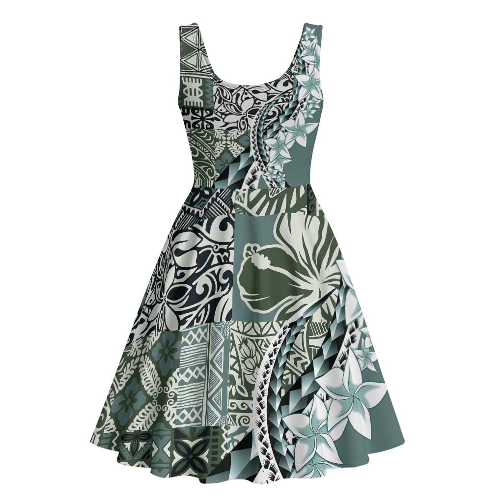 Aloha Vintage Plumeria Hawaiian Tapa Pattern Midi Dress Dark Turquoise Hawaiian Tapa Pattern - Polynesian Pride