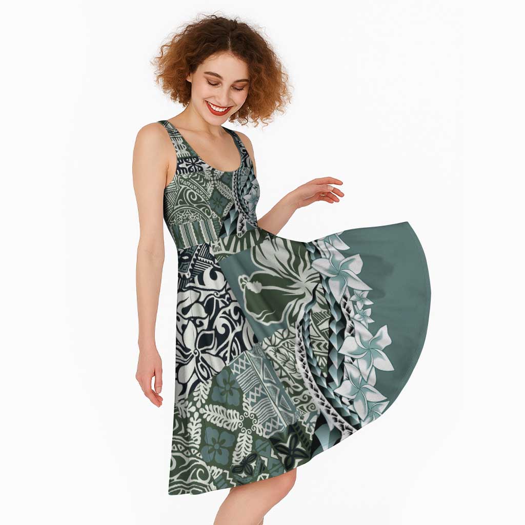 Aloha Vintage Plumeria Hawaiian Tapa Pattern Midi Dress Dark Turquoise Hawaiian Tapa Pattern - Polynesian Pride