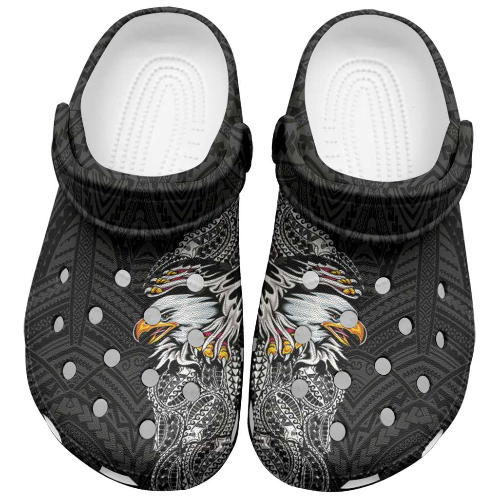 American Samoa Clogs Shoes Tribal Tattoo with Eagle Black LT03