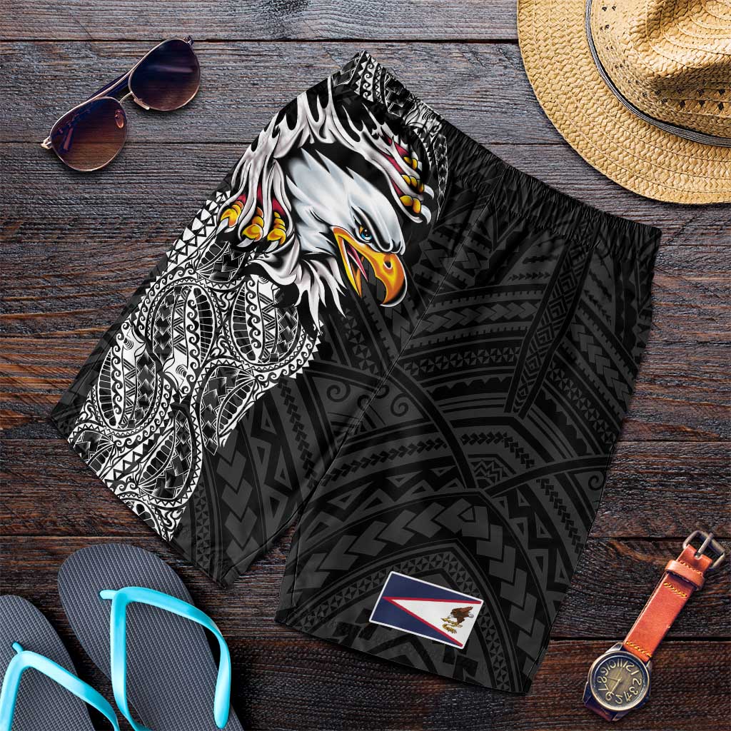 American Samoa Shorts for Men Tribal Tattoo with Eagle Black LT03 Black - Polynesian Pride