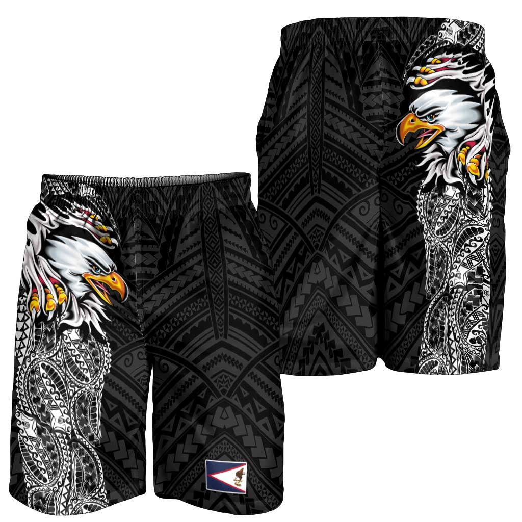 American Samoa Shorts for Men Tribal Tattoo with Eagle Black LT03 - Polynesian Pride