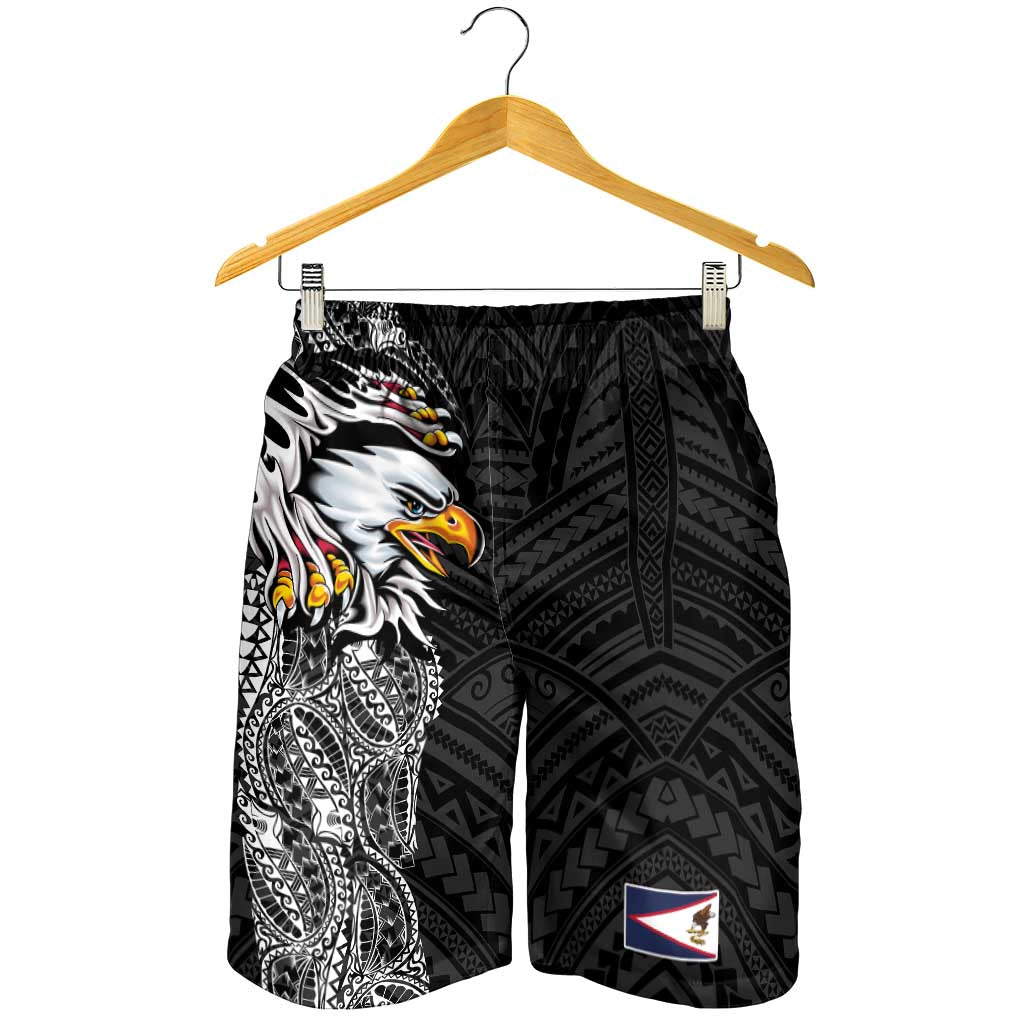 American Samoa Shorts for Men Tribal Tattoo with Eagle Black LT03 - Polynesian Pride
