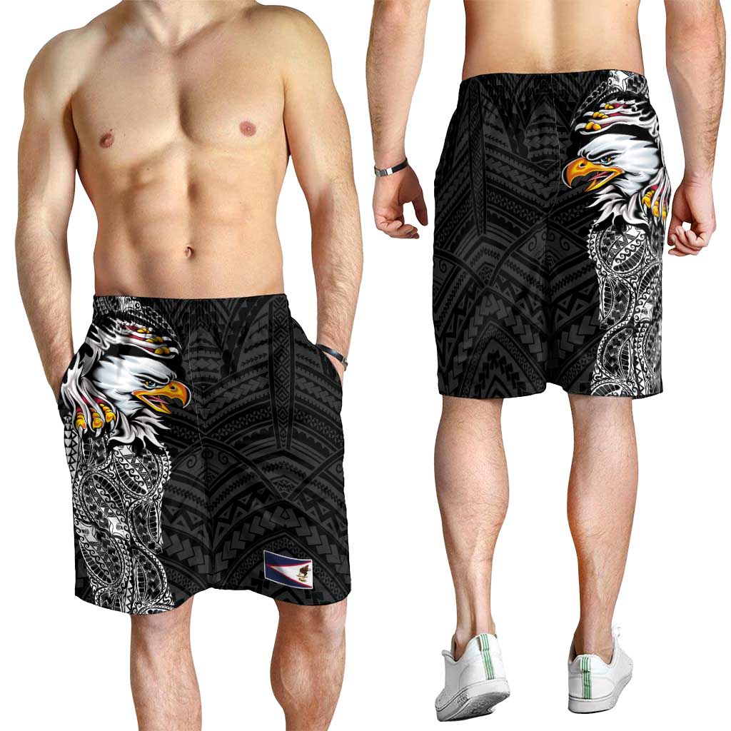 American Samoa Shorts for Men Tribal Tattoo with Eagle Black LT03 - Polynesian Pride