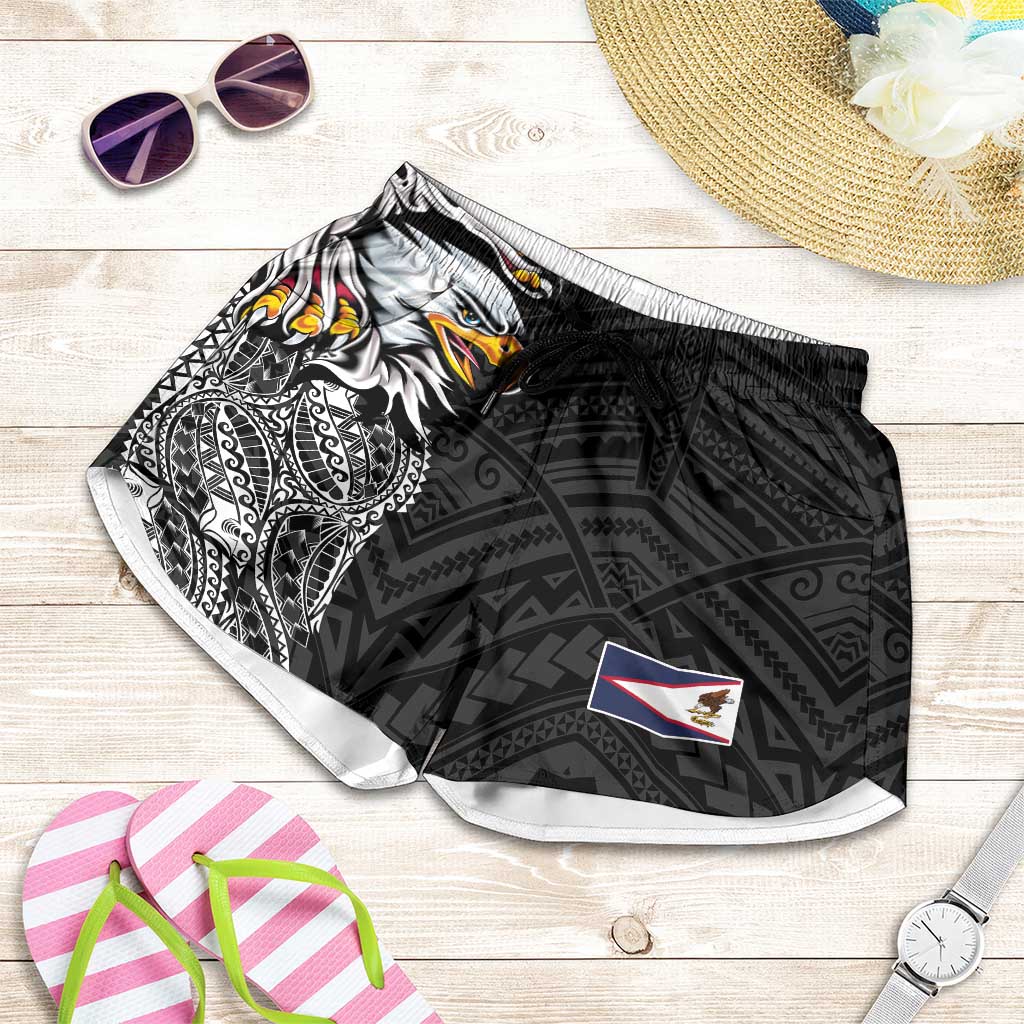 American Samoa Shorts for Women Tribal Tattoo with Eagle Black LT03 Black - Polynesian Pride