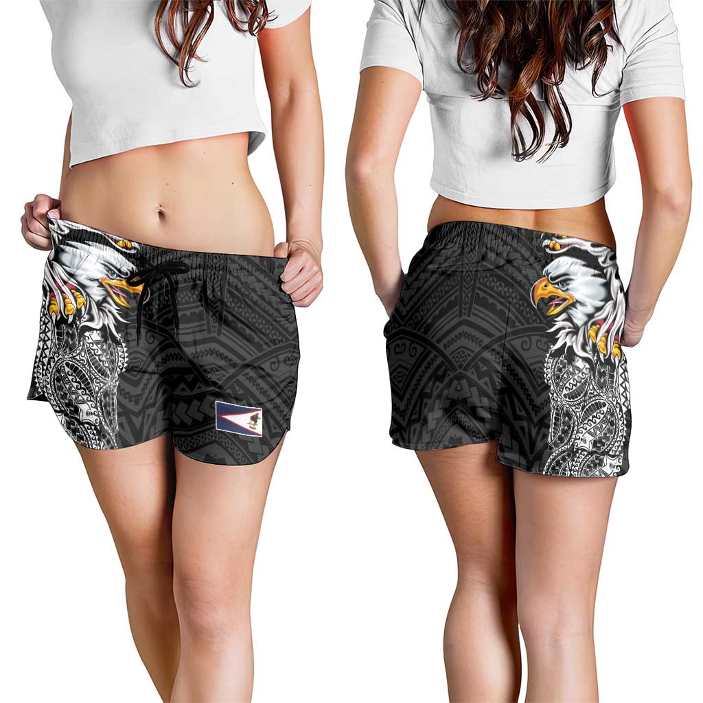 American Samoa Shorts for Women Tribal Tattoo with Eagle Black LT03 - Polynesian Pride