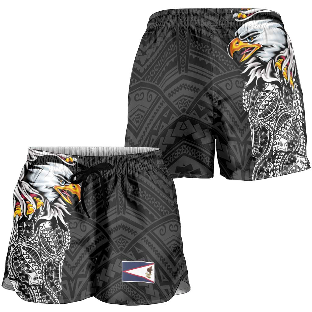 American Samoa Shorts for Women Tribal Tattoo with Eagle Black LT03 - Polynesian Pride