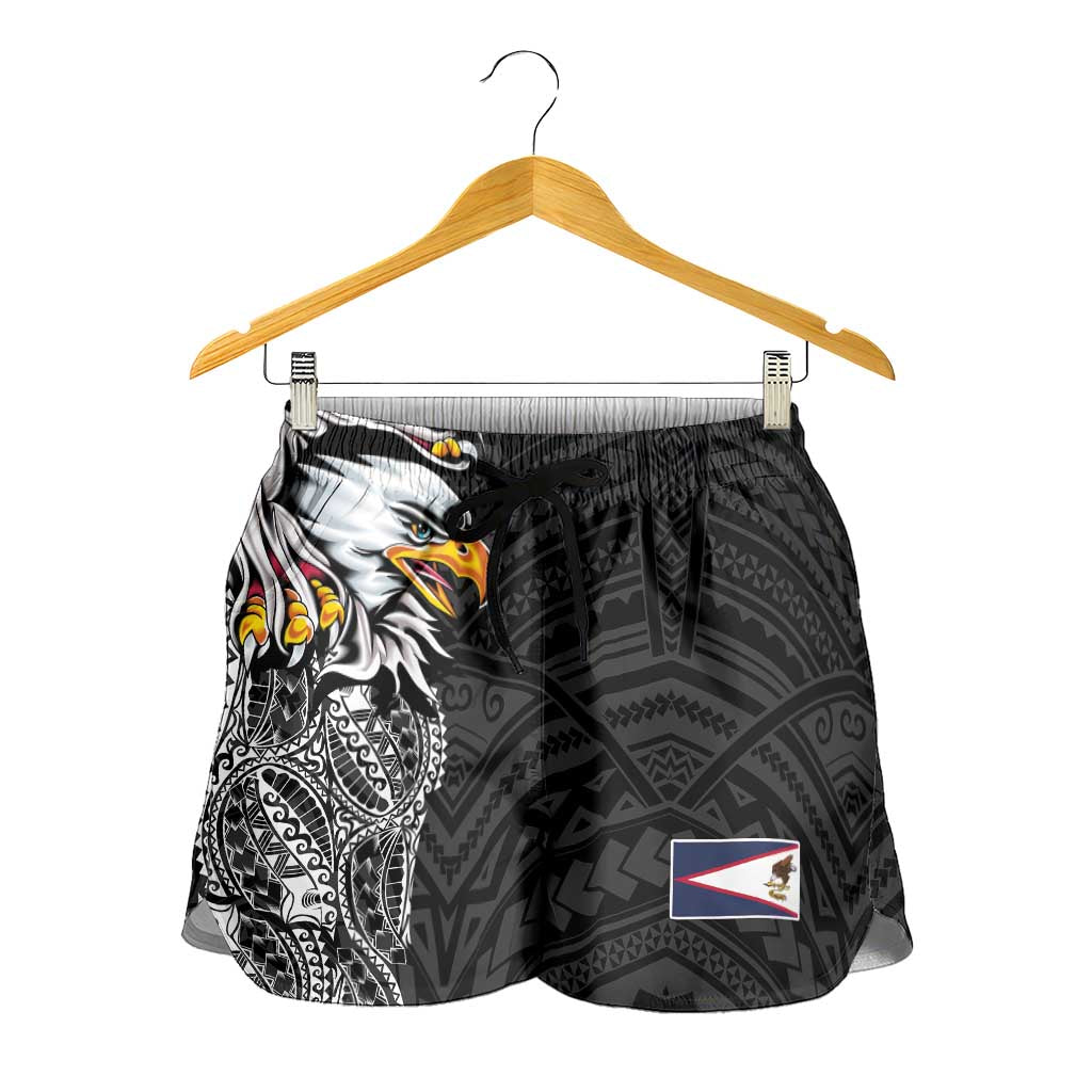 American Samoa Shorts for Women Tribal Tattoo with Eagle Black LT03 - Polynesian Pride
