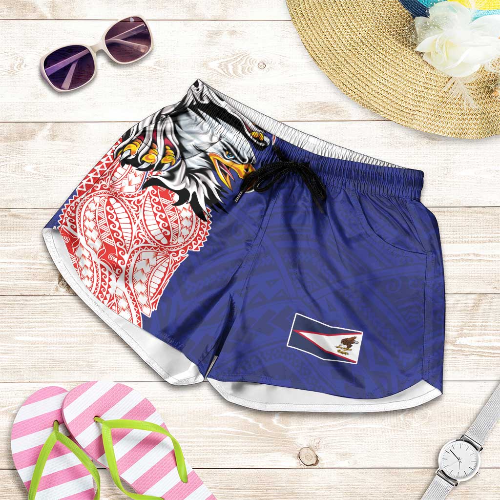 American Samoa Shorts for Women Tribal Tattoo with Eagle Blue-Red LT03 Blue - Polynesian Pride