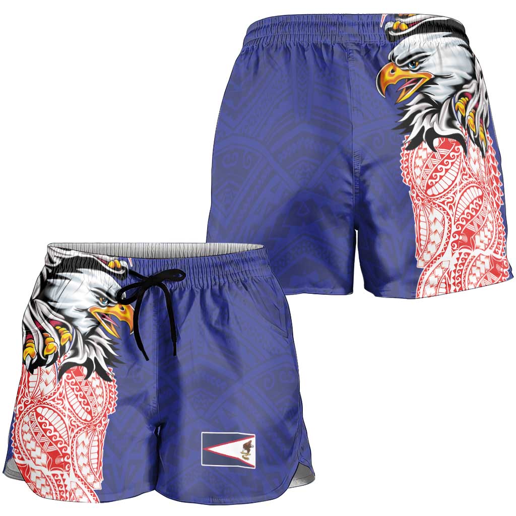 American Samoa Shorts for Women Tribal Tattoo with Eagle Blue-Red LT03 - Polynesian Pride