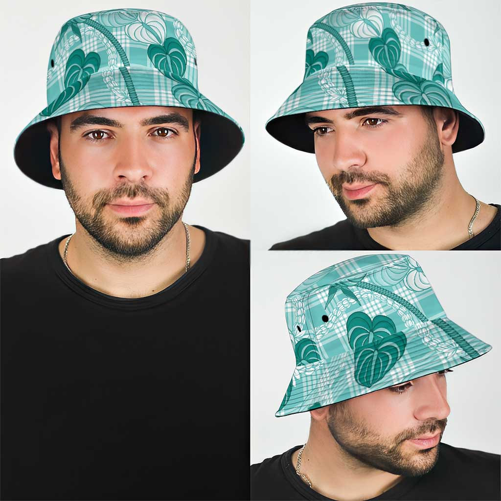 Anthurium Pikake Ti Leaf Palaka Bucket Hat Turquoise Version LT01 - Polynesian Pride