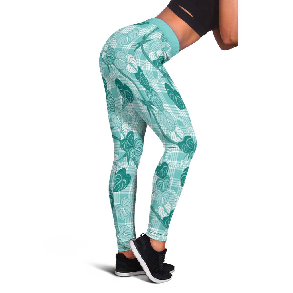 Anthurium Pikake Ti Leaf Palaka Leggings Turquoise Version LT01 - Polynesian Pride