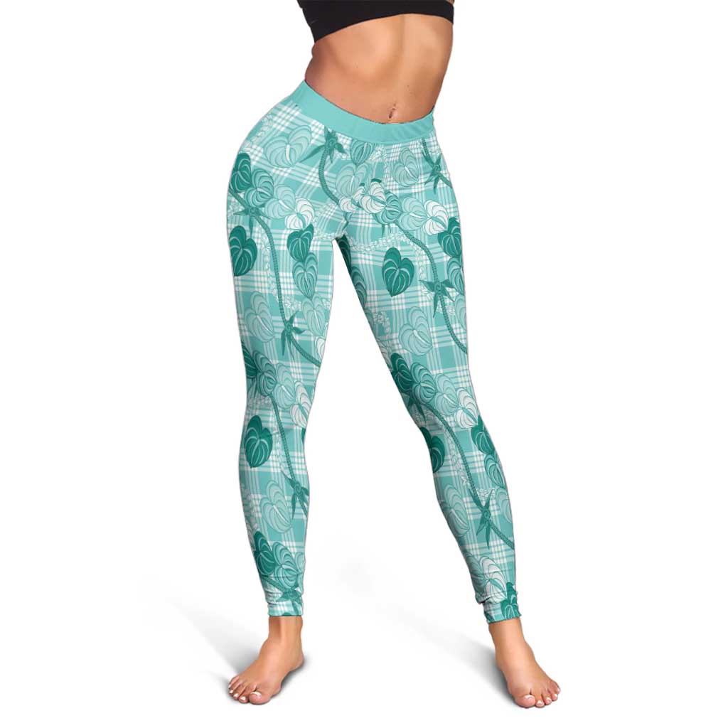 Anthurium Pikake Ti Leaf Palaka Leggings Turquoise Version LT01 - Polynesian Pride