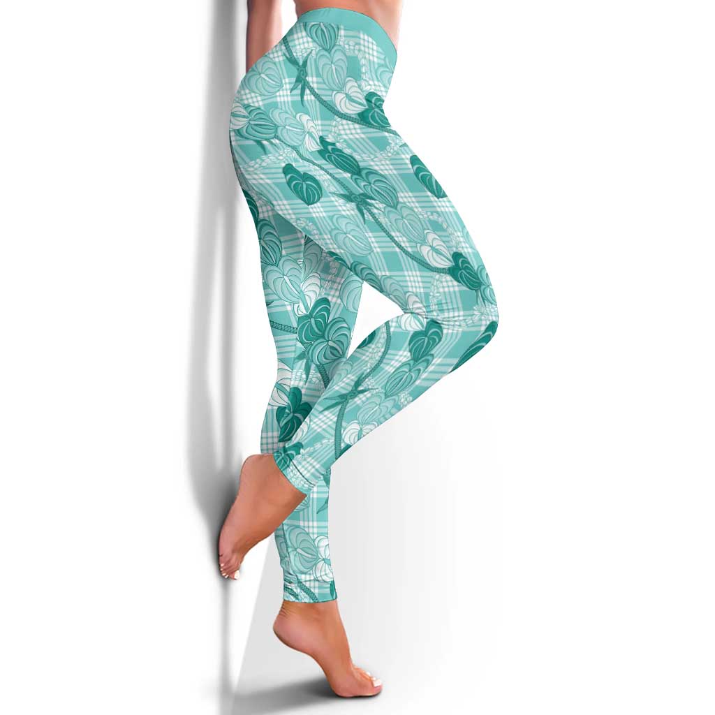 Anthurium Pikake Ti Leaf Palaka Leggings Turquoise Version LT01 - Polynesian Pride