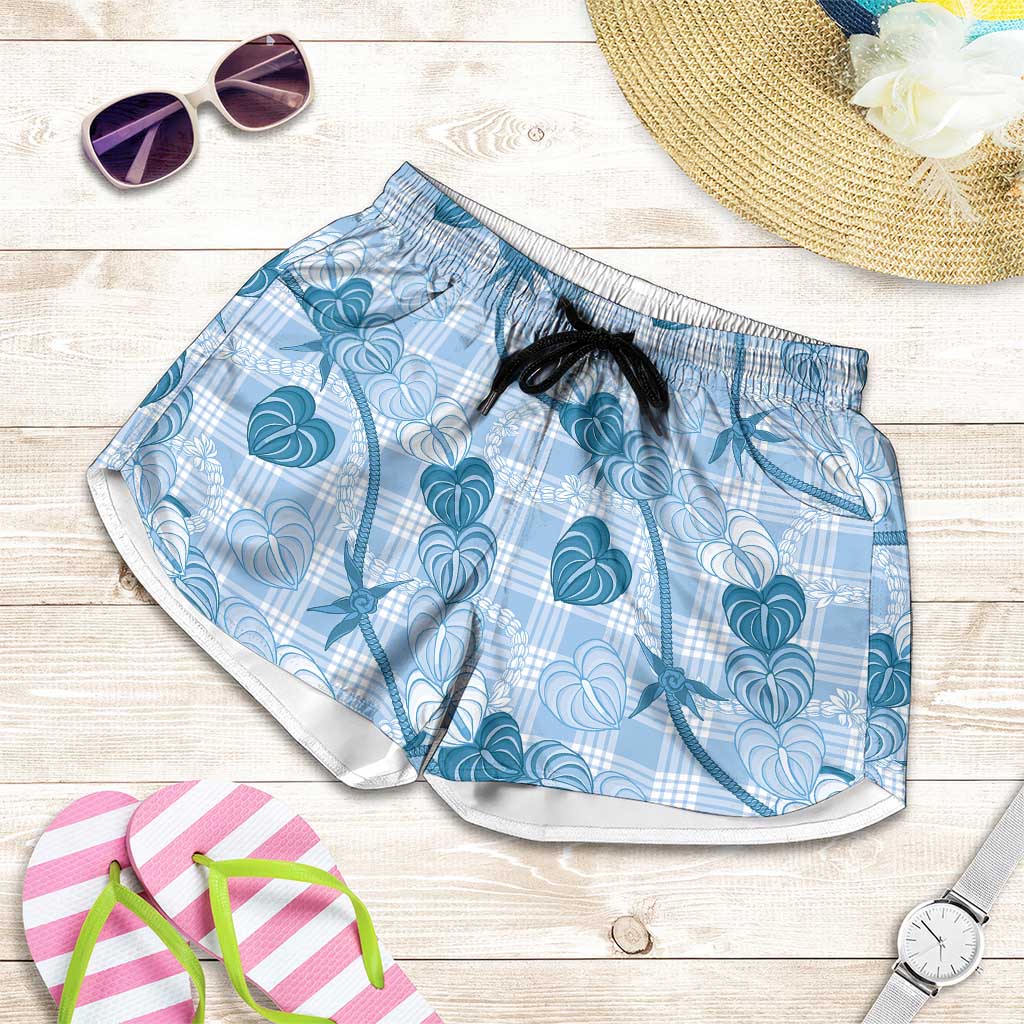 Anthurium Pikake Ti Leaf Palaka Shorts for Women Blue Version LT01 Blue - Polynesian Pride