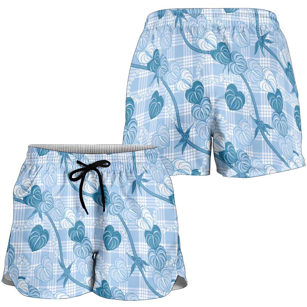 Anthurium Pikake Ti Leaf Palaka Shorts for Women Blue Version LT01 - Polynesian Pride