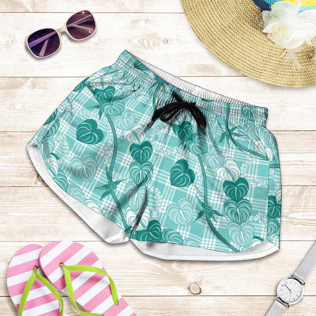 Anthurium Pikake Ti Leaf Palaka Shorts for Women Turquoise Version LT01 Turquoise - Polynesian Pride