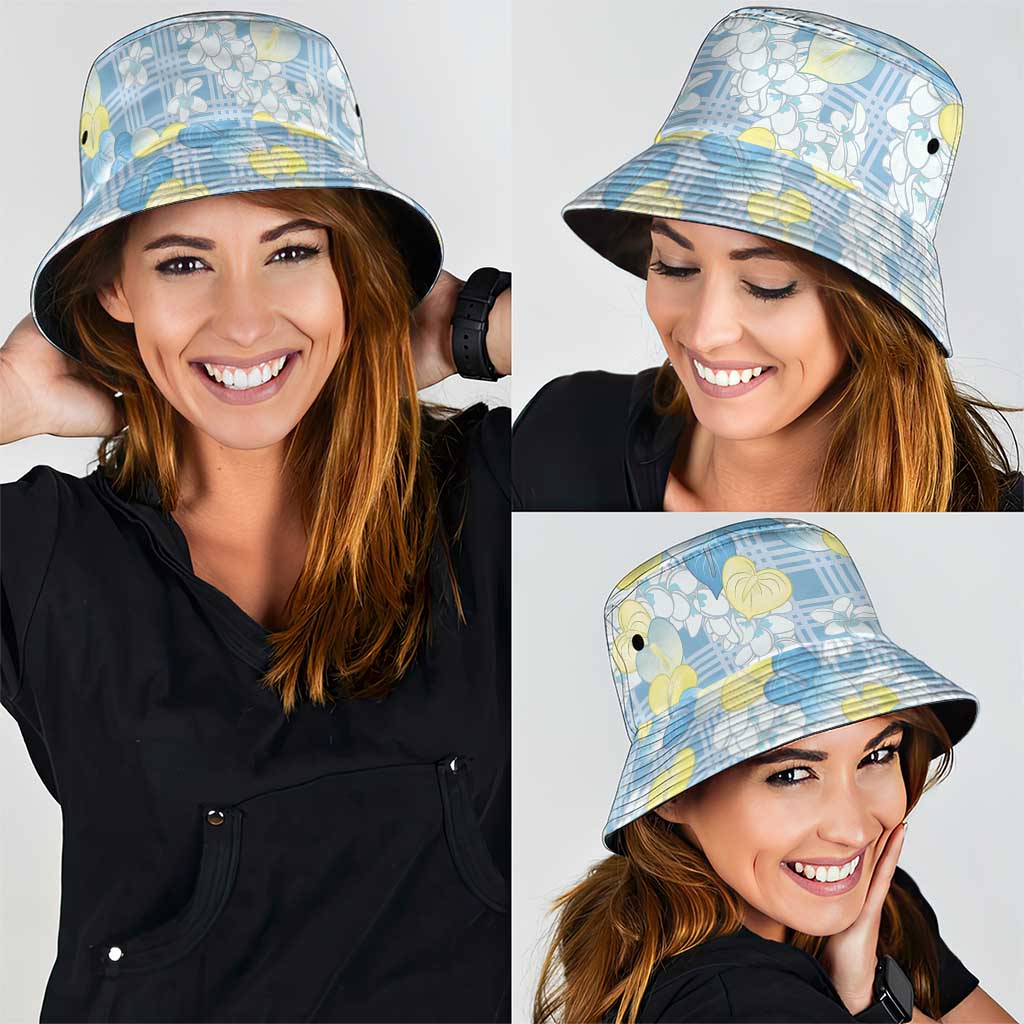 Anthurium Plumeria Lei Pastel Bucket Hat Blue Hawaiian Splendid Palaka LT01 - Polynesian Pride