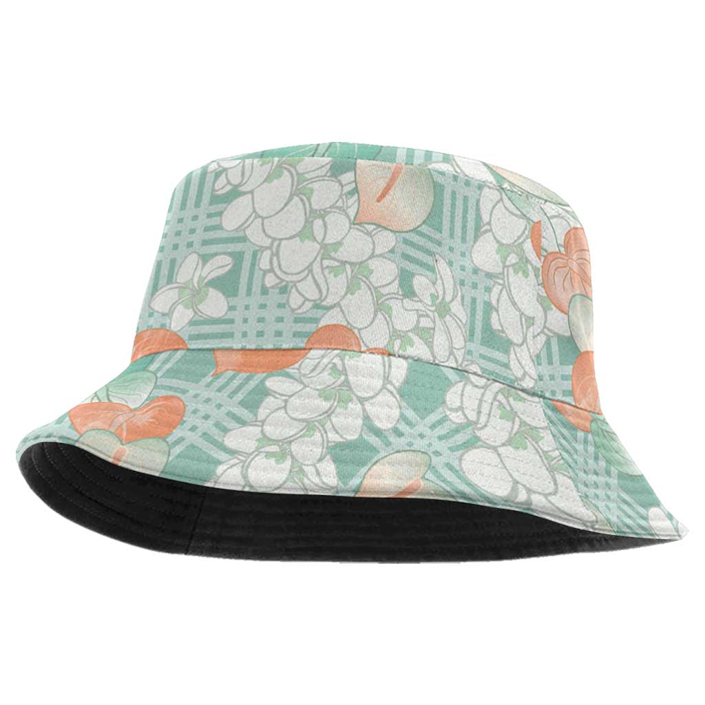 Anthurium Plumeria Lei Pastel Bucket Hat Teal Hawaiian Splendid Palaka LT01 One Size Teal - Polynesian Pride