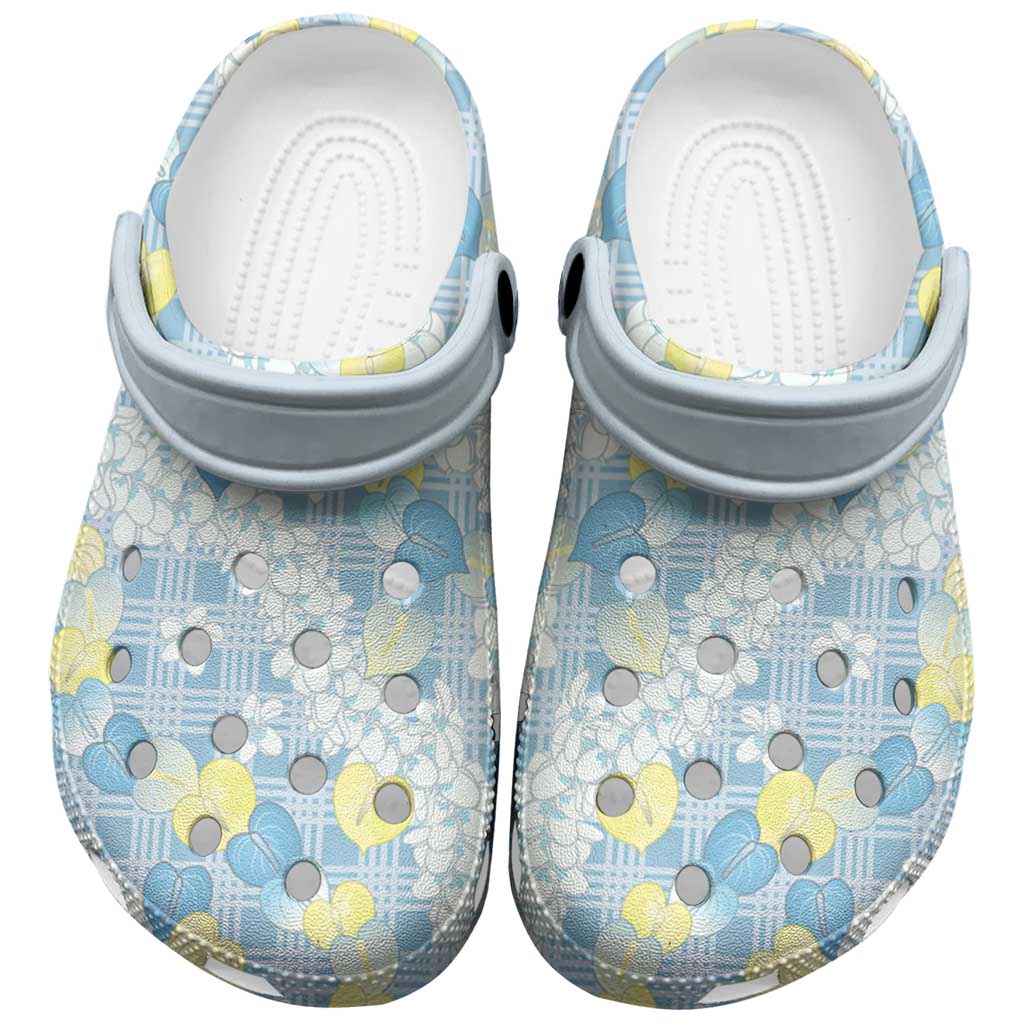 Anthurium Plumeria Lei Pastel Clogs Shoes Blue Hawaiian Splendid Palaka LT01 Blue - Polynesian Pride