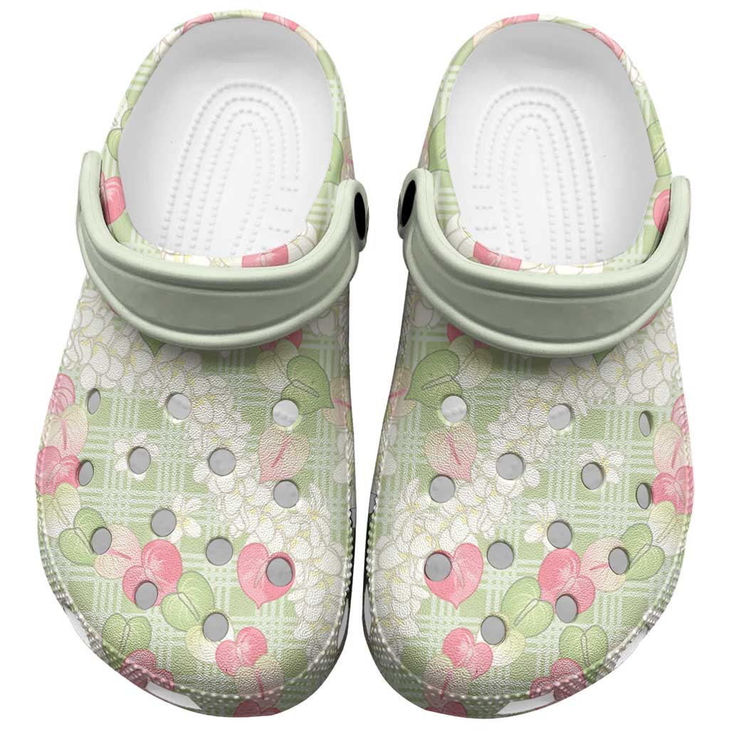 Anthurium Plumeria Lei Pastel Clogs Shoes Green Hawaiian Splendid Palaka LT01 Green - Polynesian Pride